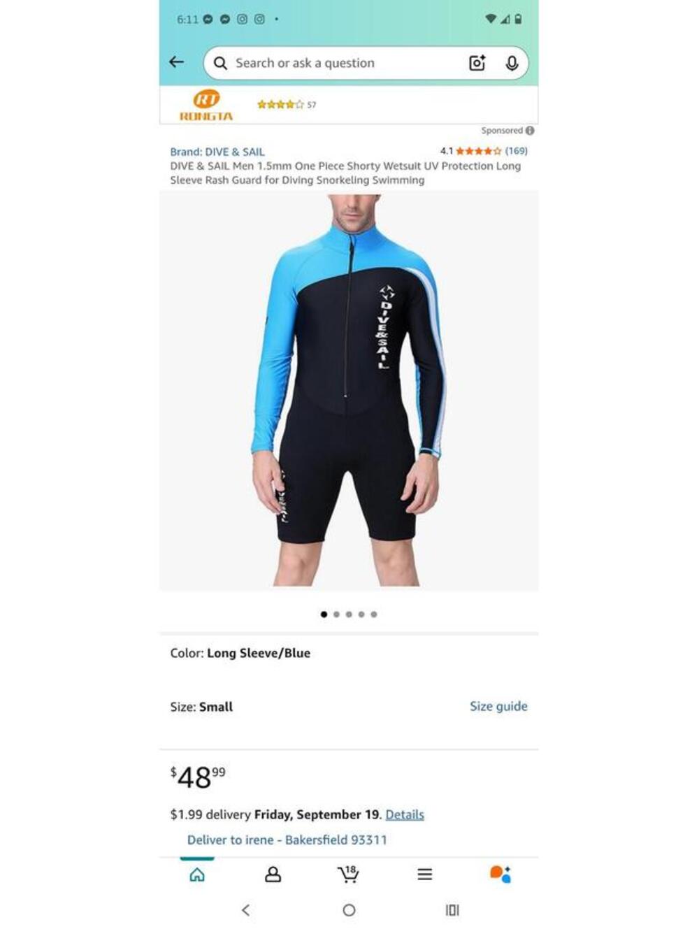 DIVE & SAIL Men 1.5mm One Piece Shorty Wetsuit UV Protection Long Sleeve Rash
